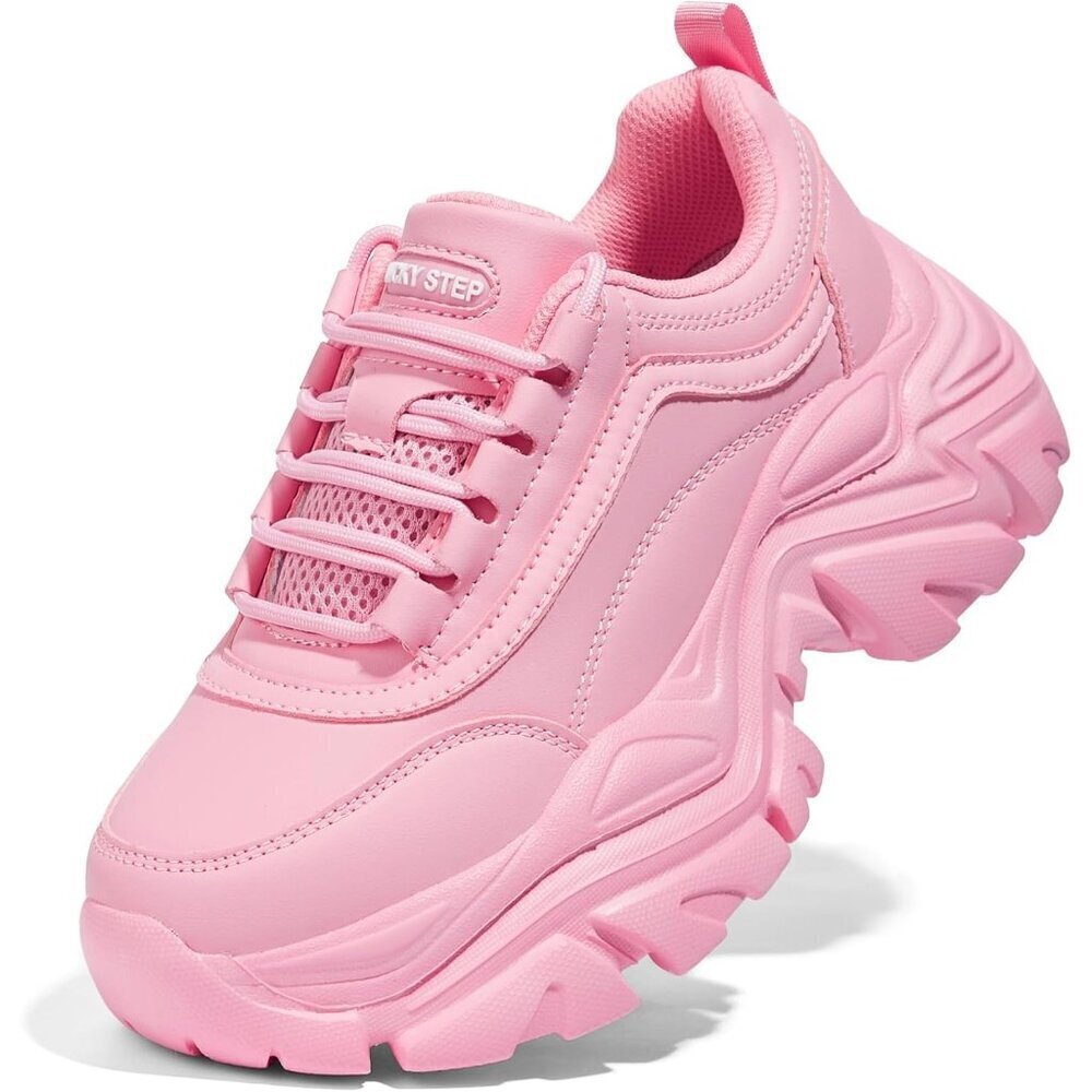 Women's Pink  Chunky Rubber Platform Casual Lace-Up Walking Sneaker Shoes